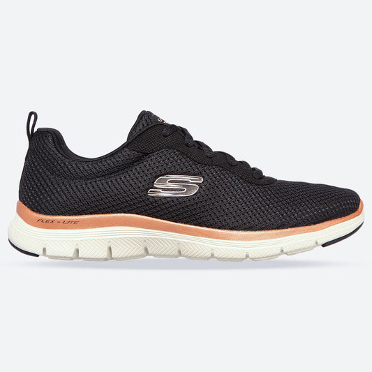 Womens Wide Fit Skechers Flex Appeal 4.0 149303 Brilliant Walking Trainers - Black/Rose Gold