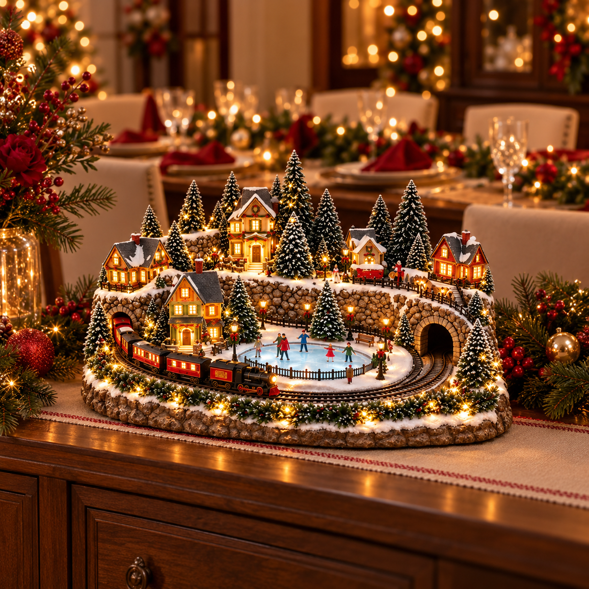 50% OFF | 🚂 Animated Holiday Train & Ice Rink Scene – Lighted Christmas Village Display ✨
