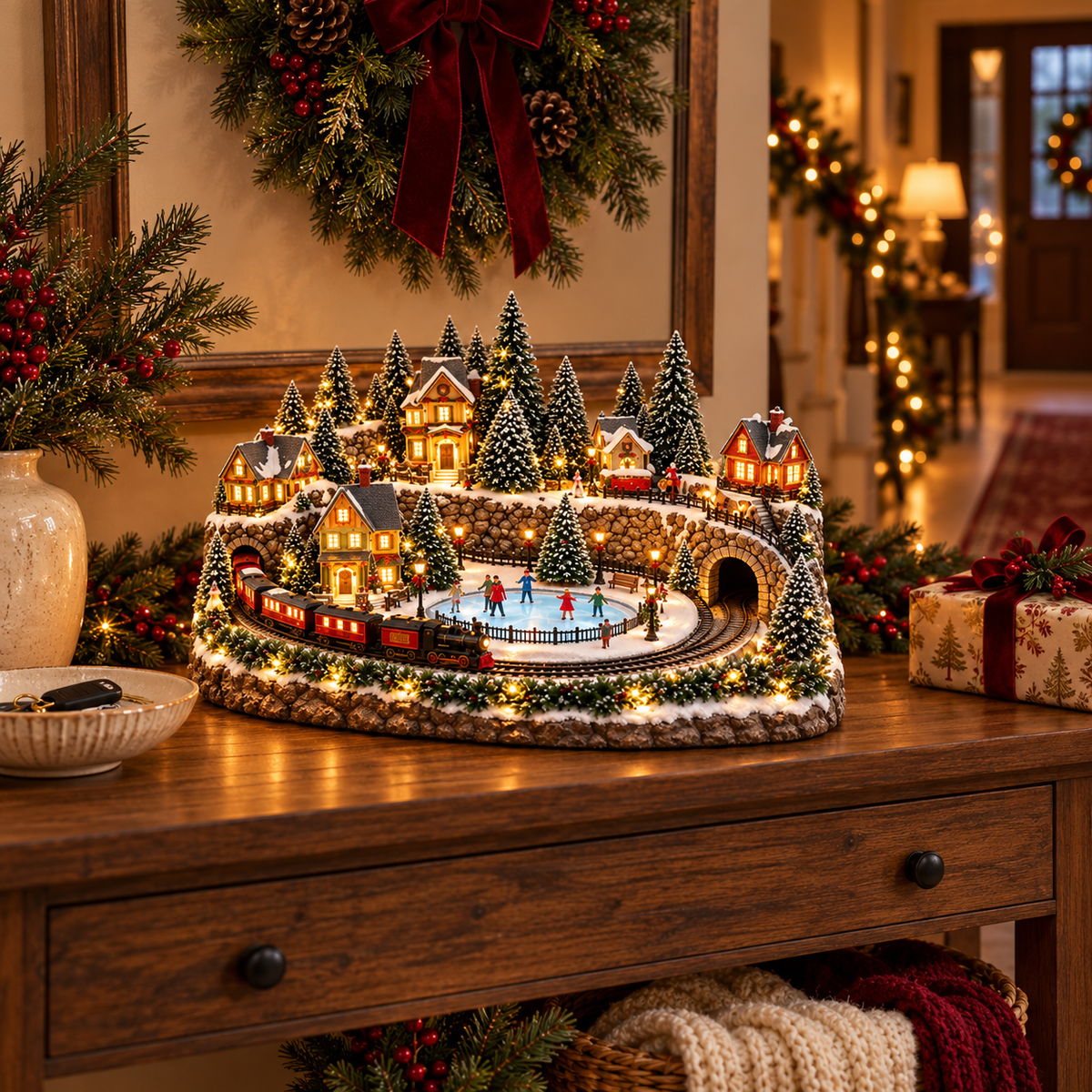 50% OFF | 🚂 Animated Holiday Train & Ice Rink Scene – Lighted Christmas Village Display ✨