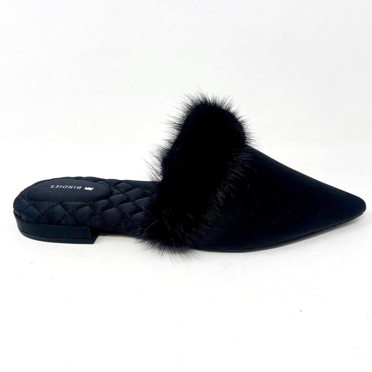 Birdies The Dove Onyx Black Mink Fur Womens Slip On Pointed Toe Mules Shoes