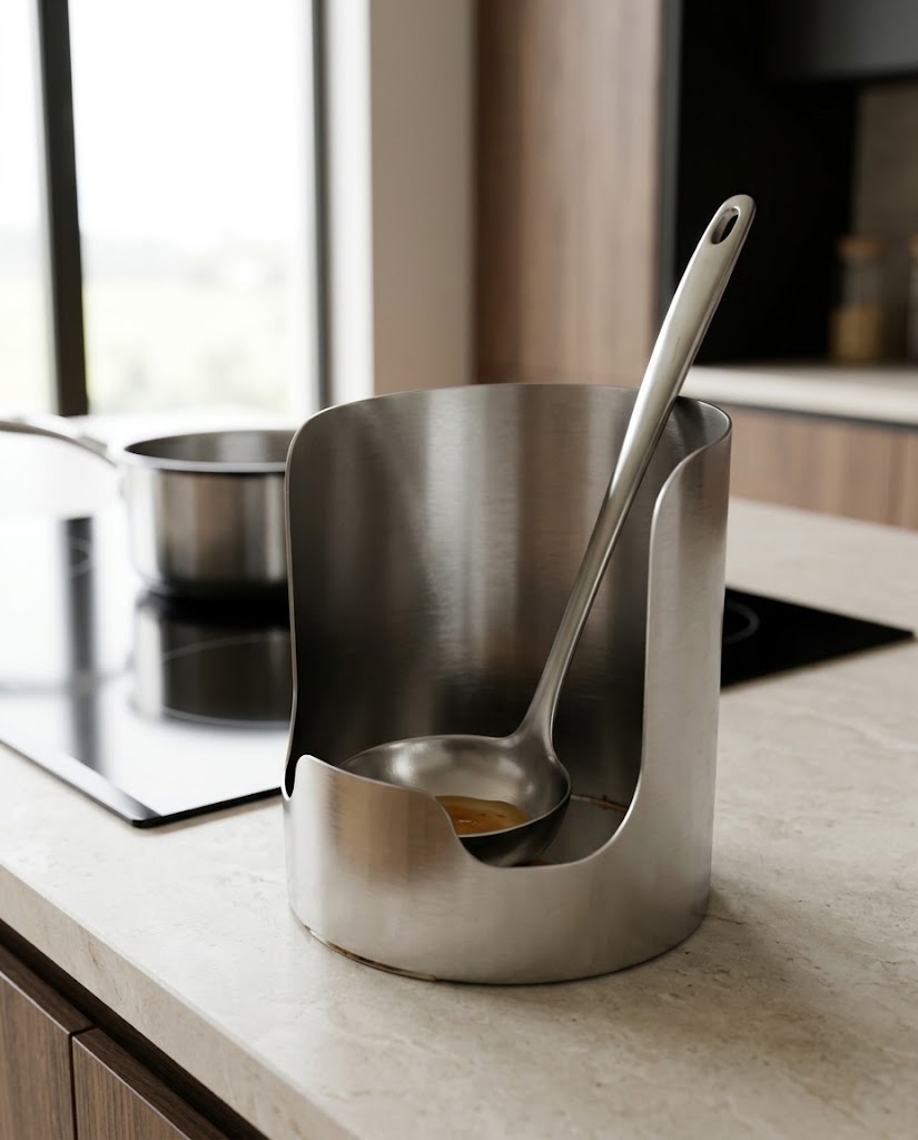 Brushed Stainless Steel Spoon Rest with Lid Holder