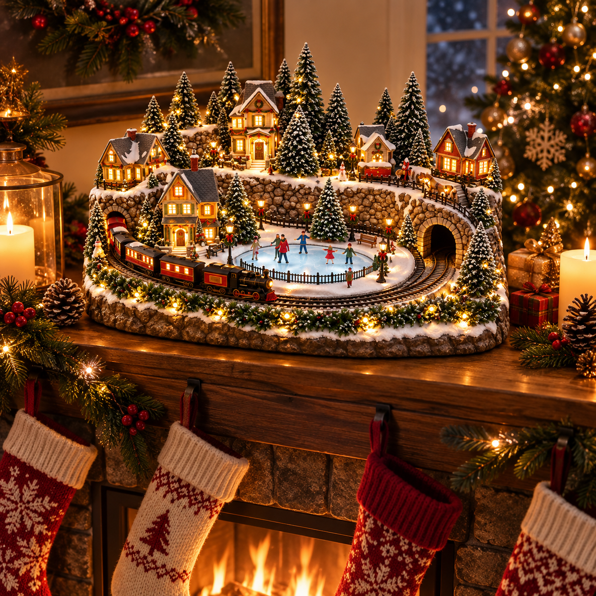 50% OFF | 🚂 Animated Holiday Train & Ice Rink Scene – Lighted Christmas Village Display ✨