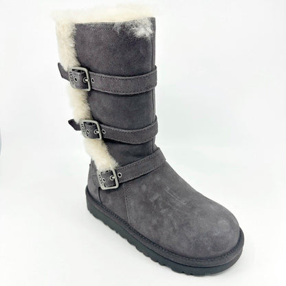 UGG Maddi Charcoal Gray Kids Girls Buckle Suede Shearling Boots 1001520 CHRC