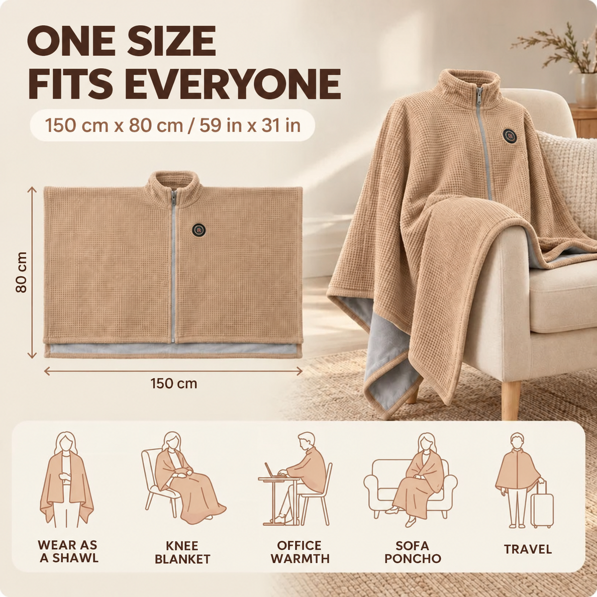 🔥 Winter Sale – USB Heated Poncho Wrap with 3 Heat Settings, Soft Fleece-Lined Warm Cape for Women & Men
