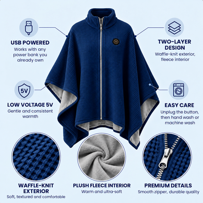 🔥 Winter Sale – USB Heated Poncho Wrap with 3 Heat Settings, Soft Fleece-Lined Warm Cape for Women & Men