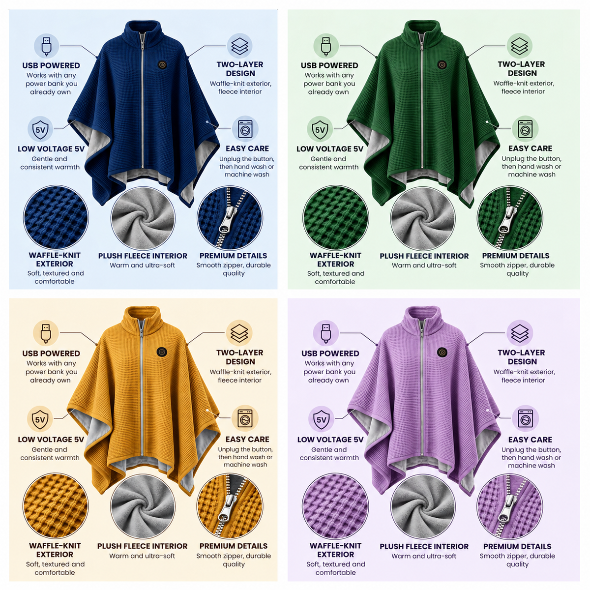 🔥 Winter Sale – USB Heated Poncho Wrap with 3 Heat Settings, Soft Fleece-Lined Warm Cape for Women & Men