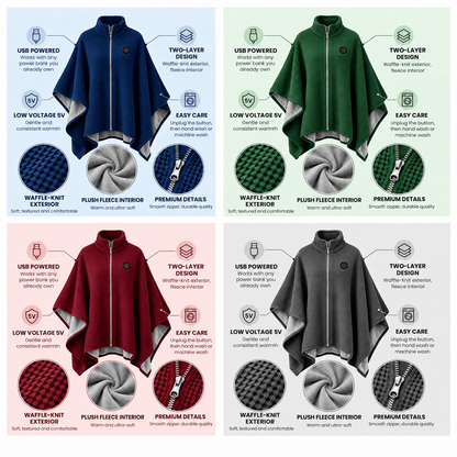 🔥 Winter Sale – USB Heated Poncho Wrap with 3 Heat Settings, Soft Fleece-Lined Warm Cape for Women & Men