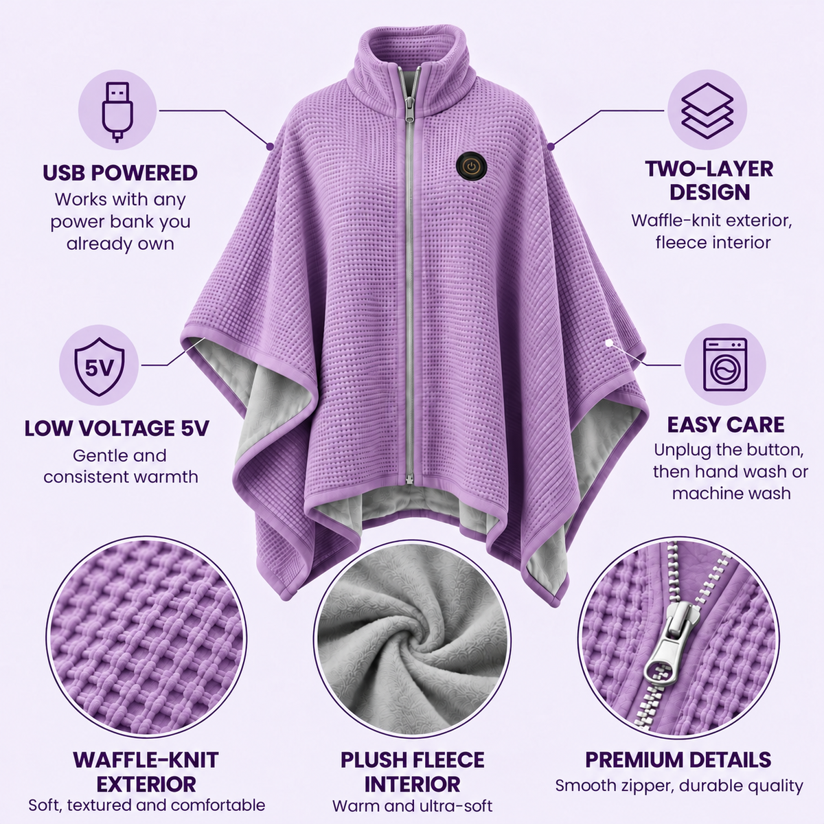 🔥 Winter Sale – USB Heated Poncho Wrap with 3 Heat Settings, Soft Fleece-Lined Warm Cape for Women & Men