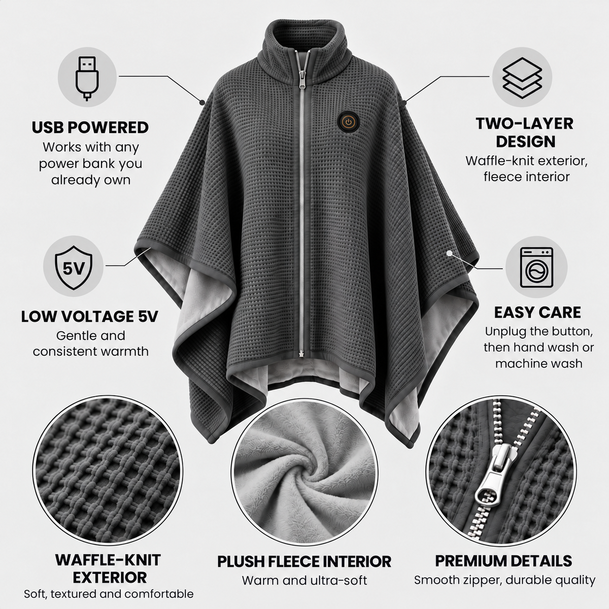 🔥 Winter Sale – USB Heated Poncho Wrap with 3 Heat Settings, Soft Fleece-Lined Warm Cape for Women & Men