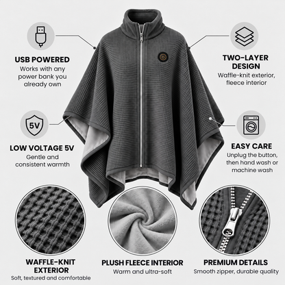 🔥 Winter Sale – USB Heated Poncho Wrap with 3 Heat Settings, Soft Fleece-Lined Warm Cape for Women & Men