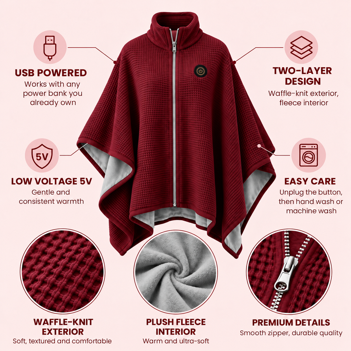 🔥 Winter Sale – USB Heated Poncho Wrap with 3 Heat Settings, Soft Fleece-Lined Warm Cape for Women & Men