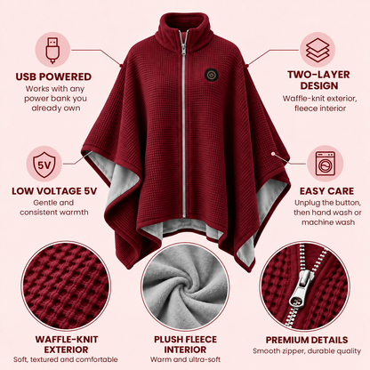 🔥 Winter Sale – USB Heated Poncho Wrap with 3 Heat Settings, Soft Fleece-Lined Warm Cape for Women & Men