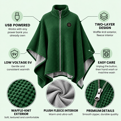🔥 Winter Sale – USB Heated Poncho Wrap with 3 Heat Settings, Soft Fleece-Lined Warm Cape for Women & Men