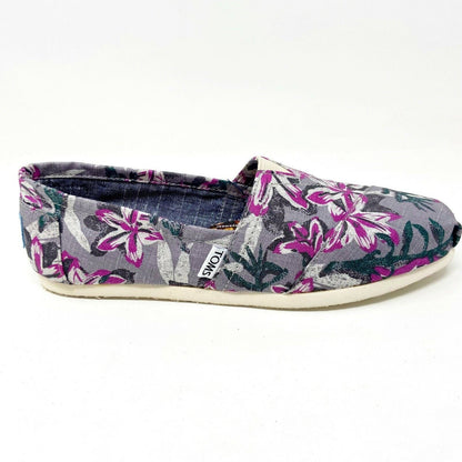 Toms Classics Grey Floral Womens Slip On Casual Canvas Flat Shoes