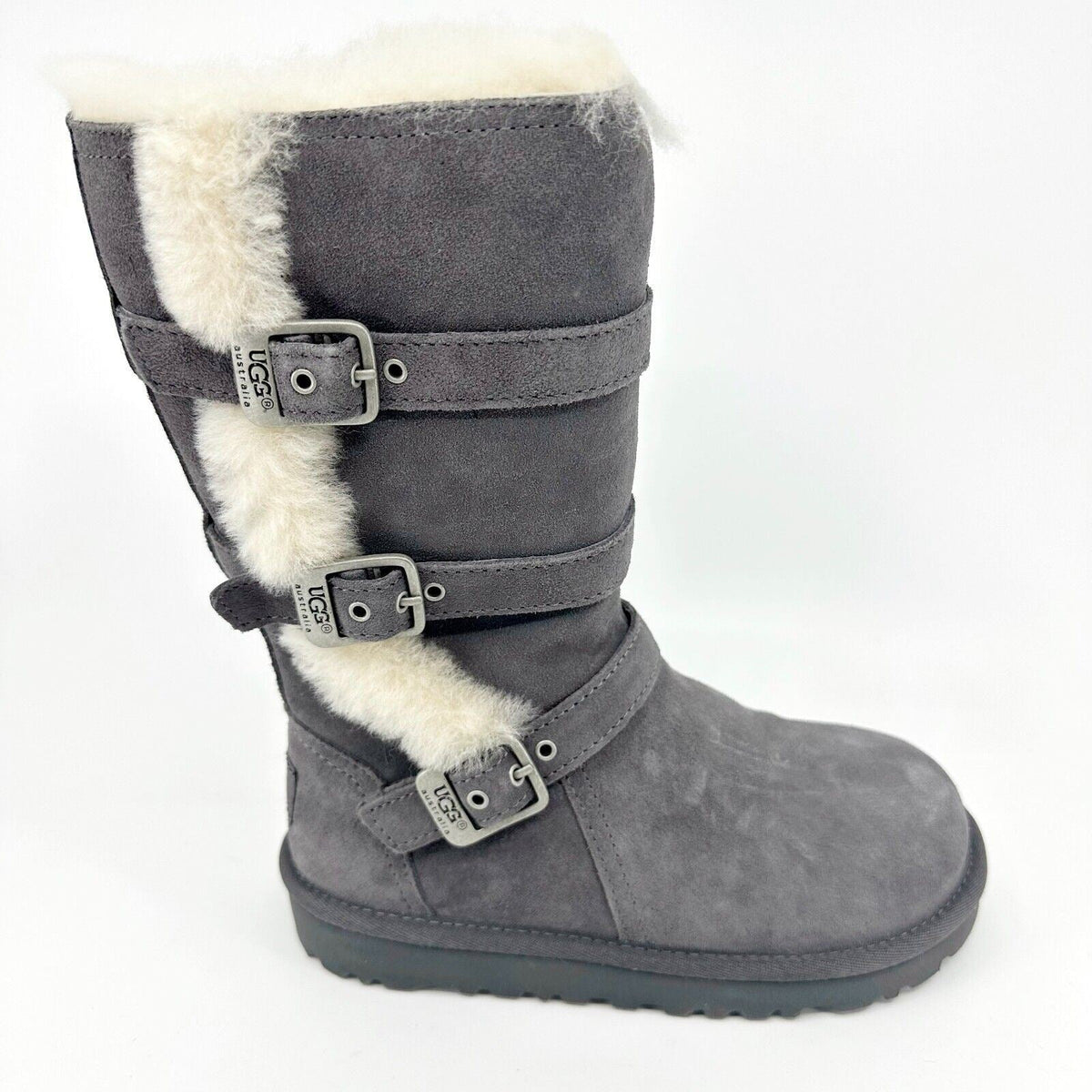 UGG Maddi Charcoal Gray Kids Girls Buckle Suede Shearling Boots 1001520 CHRC