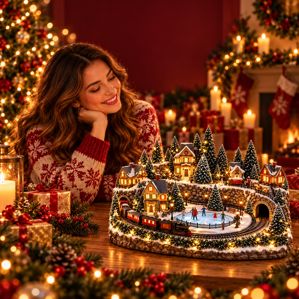 50% OFF | 🚂 Animated Holiday Train & Ice Rink Scene – Lighted Christmas Village Display ✨