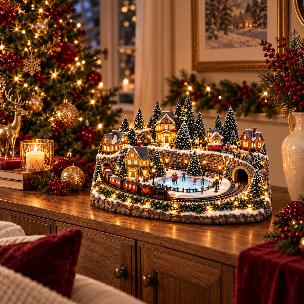 50% OFF | 🚂 Animated Holiday Train & Ice Rink Scene – Lighted Christmas Village Display ✨