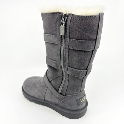 UGG Maddi Charcoal Gray Kids Girls Buckle Suede Shearling Boots 1001520 CHRC