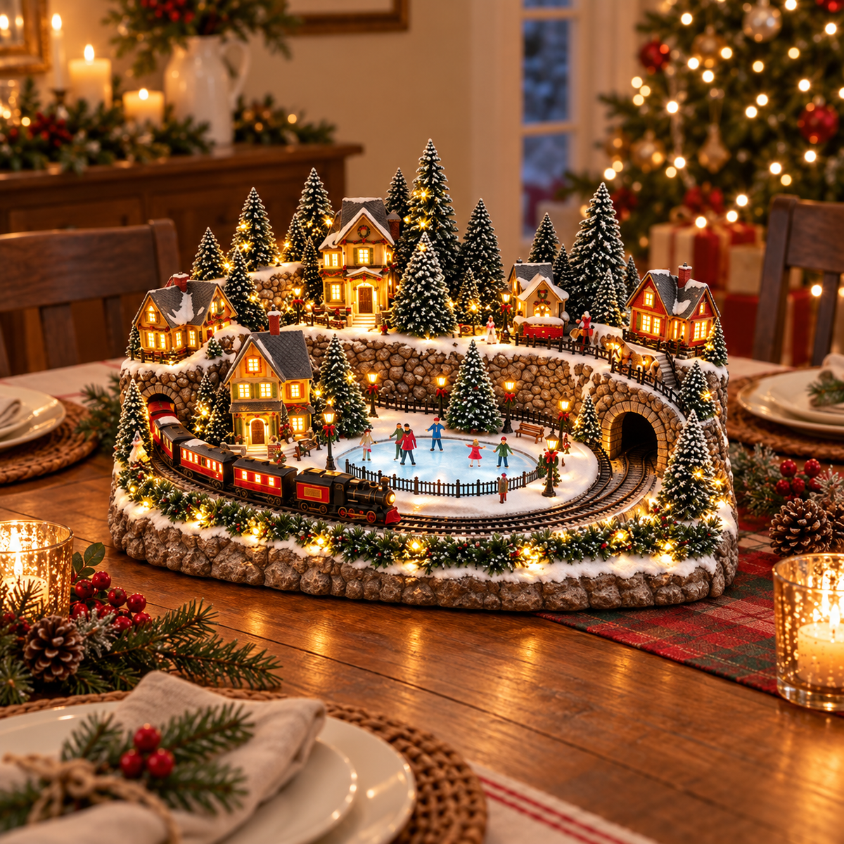 50% OFF | 🚂 Animated Holiday Train & Ice Rink Scene – Lighted Christmas Village Display ✨